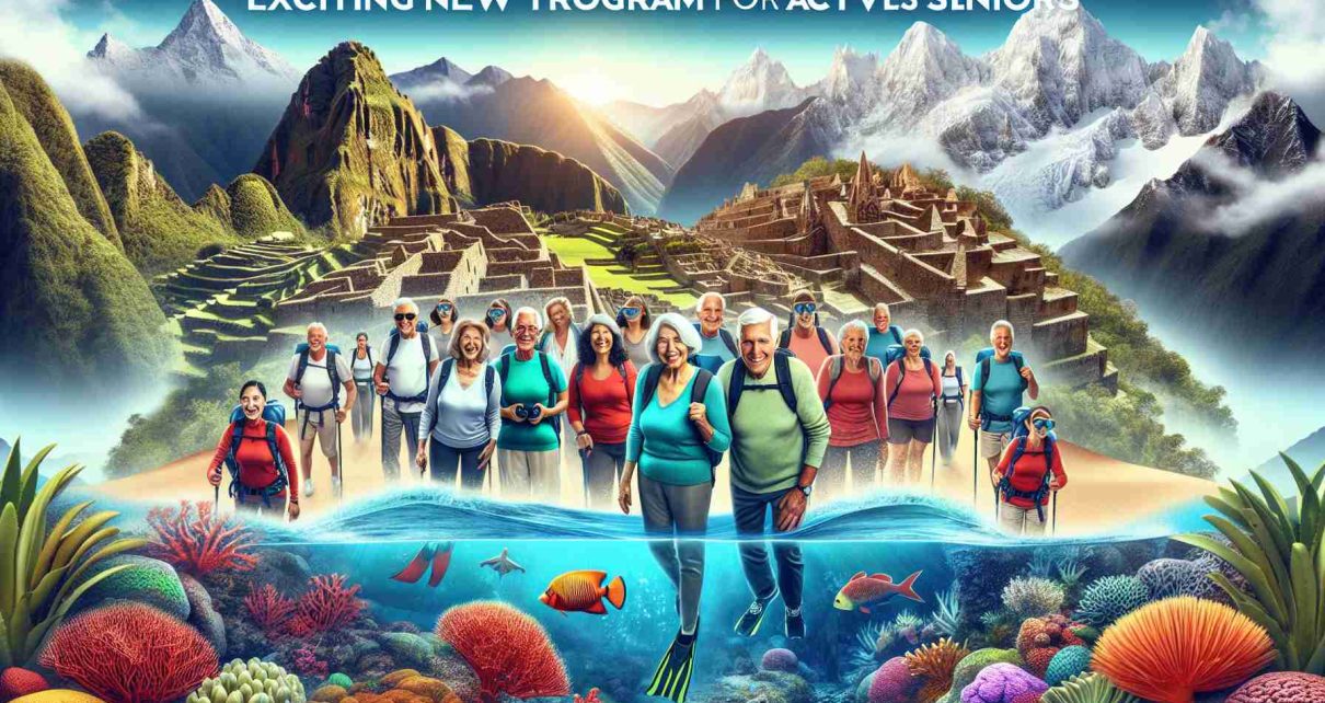 An HD, vividly detailed image of a promotional poster for an exciting new travel program tailored for active seniors. Depict various global tourist attractions as the backdrop such as the lush landscapes of Machu Picchu, the surreal beauty of the Great Barrier Reef, or the snow-dusted peaks of the Alps. The poster should feature diverse group of active seniors, showing men and women equally from different ethnic descent like Caucasian, Hispanic, and South Asian, engaged in different activities like hiking, scuba diving, and skiing. Include the text 'Exciting New Travel Program for Active Seniors' with a creative font.