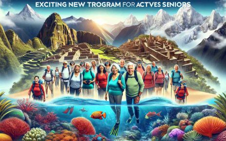 An HD, vividly detailed image of a promotional poster for an exciting new travel program tailored for active seniors. Depict various global tourist attractions as the backdrop such as the lush landscapes of Machu Picchu, the surreal beauty of the Great Barrier Reef, or the snow-dusted peaks of the Alps. The poster should feature diverse group of active seniors, showing men and women equally from different ethnic descent like Caucasian, Hispanic, and South Asian, engaged in different activities like hiking, scuba diving, and skiing. Include the text 'Exciting New Travel Program for Active Seniors' with a creative font.