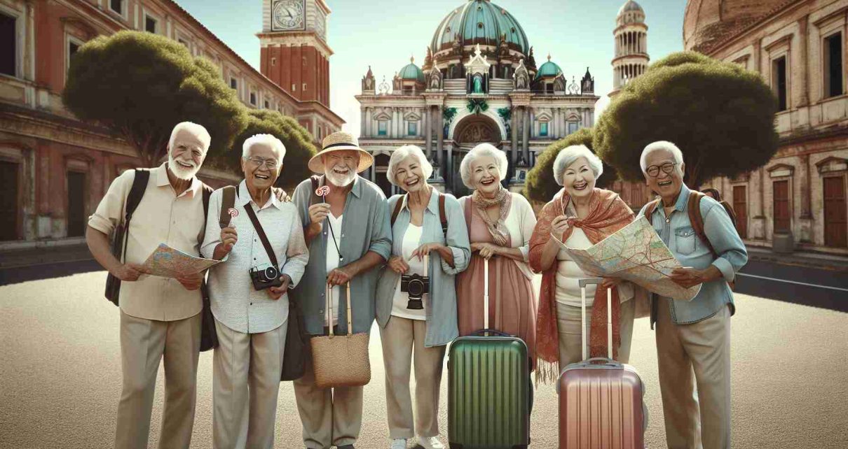 High definition photo realistically portraying senior citizens of diverse descents like Caucasian, Black, South Asian, and Hispanic traveling and exploring the world in 2025. They are enjoying affordable travel opportunities which could include visiting historic sites, trying out local cuisines, engaging in cultural exchanges, or simply enjoying the scenic beauty of the location. Some seniors can be seen with luggage, maps, and travel guides, conveying the joy and appreciation they have for these great opportunities.