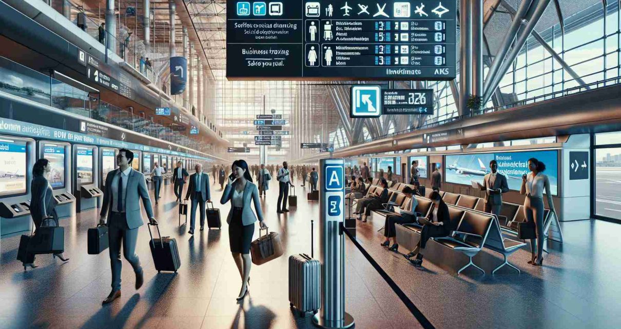 Create a hyper-realistic, high-definition image showing the resurgence of business travel in the modern times. Include a scene at a bustling airport terminal filled with multi-ethnic business professionals: East Asian woman engaged in conversation on her cellphone, a Middle-Eastern man waiting in line while balancing a laptop on his one hand, and a Black woman briskly walking with a wheeled suitcase. The new norm of safety measures such as signs for social distancing and sanitization facilities should be visible. Also, depict a mix of cutting-edge technology like self-check-in kiosks, digital information boards, and electric shuttles.