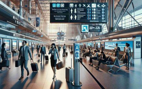 Create a hyper-realistic, high-definition image showing the resurgence of business travel in the modern times. Include a scene at a bustling airport terminal filled with multi-ethnic business professionals: East Asian woman engaged in conversation on her cellphone, a Middle-Eastern man waiting in line while balancing a laptop on his one hand, and a Black woman briskly walking with a wheeled suitcase. The new norm of safety measures such as signs for social distancing and sanitization facilities should be visible. Also, depict a mix of cutting-edge technology like self-check-in kiosks, digital information boards, and electric shuttles.