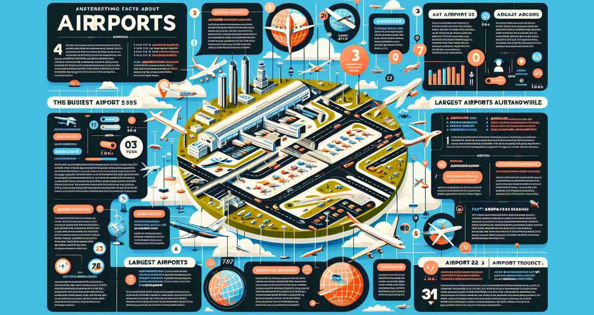 Create an informative and realistic high-definition image showcasing interesting facts about airports. The image could consist of assorted illustrations of popular airports around the world and fact nodes stating intriguing information such as the busiest airports worldwide, the largest airports by surface area, airports with unique features, statistics about airport security, and facts about airplane traffic. Ensure a bright, educational style with vibrant colors and readable texts. The information should be presented in an infographic style for easier understanding.