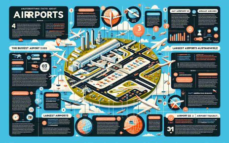 Create an informative and realistic high-definition image showcasing interesting facts about airports. The image could consist of assorted illustrations of popular airports around the world and fact nodes stating intriguing information such as the busiest airports worldwide, the largest airports by surface area, airports with unique features, statistics about airport security, and facts about airplane traffic. Ensure a bright, educational style with vibrant colors and readable texts. The information should be presented in an infographic style for easier understanding.