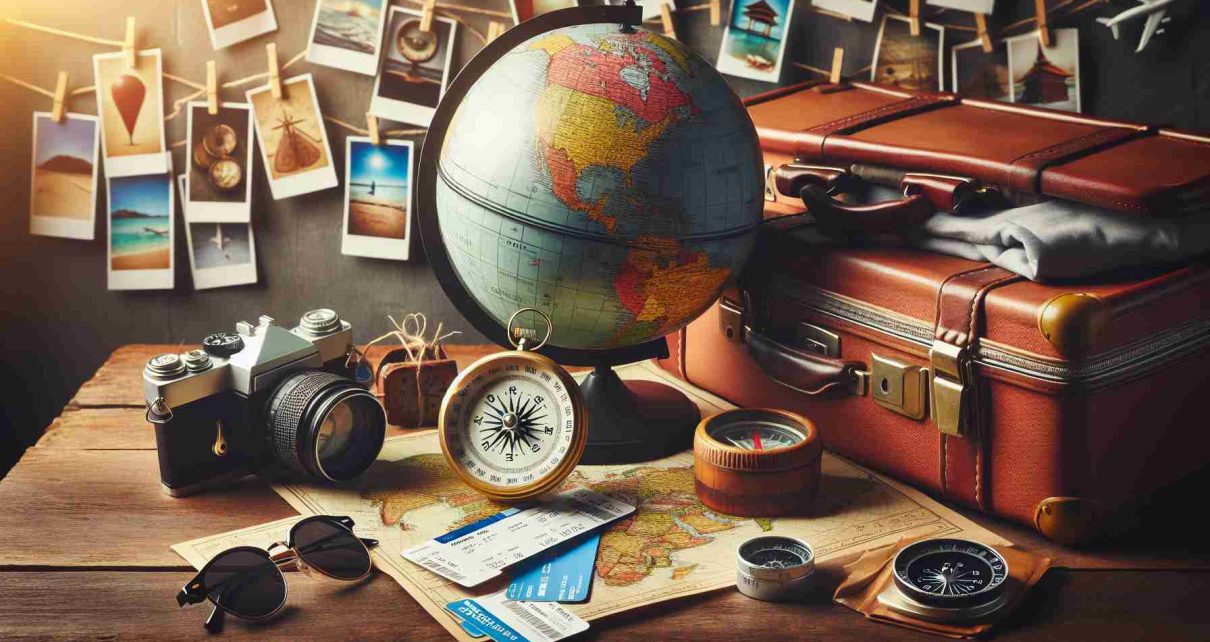 Create a high-definition, realistic image that represents 'Exciting Opportunities for Travel Enthusiasts'. The image should include a globe on a wooden desk, a compass, airline tickets, a pair of sunglasses, suitcase packed with clothes and a map with various global destinations marked. The background can show hanging postcards from various regions. The ambience should be adventurous and inviting for every travel junkie.