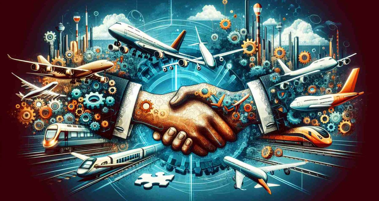 Generate a high-definition, realistic image that symbolically represents the revolutionization of the travel industry through innovative partnerships. The illustration should include a variety of travel methods such as airplanes, trains, and cruises, coalescing in a futuristic innovation hub. Also, add in symbolic elements of partnerships like handshake, puzzle pieces fitting together or gears working in unison. The overall vibe should be of progress, innovation, and transformation.