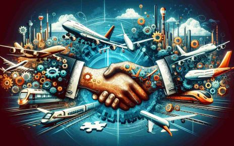 Generate a high-definition, realistic image that symbolically represents the revolutionization of the travel industry through innovative partnerships. The illustration should include a variety of travel methods such as airplanes, trains, and cruises, coalescing in a futuristic innovation hub. Also, add in symbolic elements of partnerships like handshake, puzzle pieces fitting together or gears working in unison. The overall vibe should be of progress, innovation, and transformation.