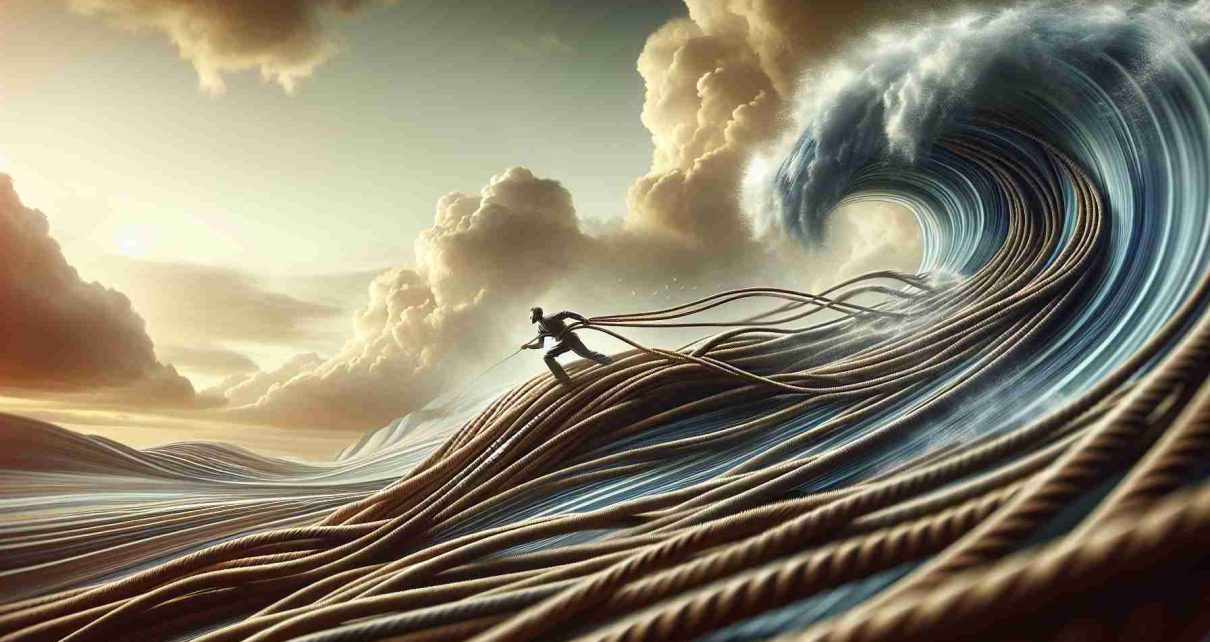 A high-definition, realistic image that portrays the concept of 'Thriving in Times of Change'. It depicts a metaphorical scene where a person is harnessing the reins of a large wave, symbolic of change or transformation. The environment is dynamic, with the sky full of fast-moving clouds indicating the passage of time. The person should appear determined and resilient, embodying the spirit of embracing and harnessing transformation.