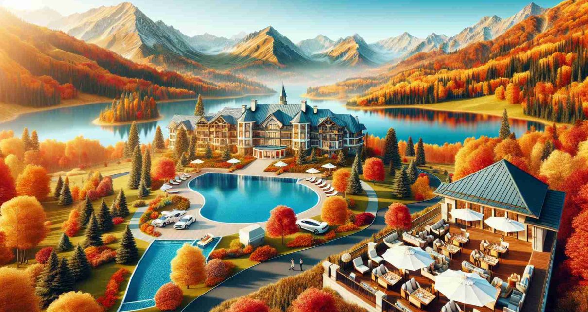 Create a highly detailed and realistic image showing a luxurious holiday destination in autumn. This should include an opulent resort nestled amongst golden, orange, and red autumn foliage, with stunning landscapes such as mountains or a large lake. There should also be elements of luxury like a private pool, outdoor dining set up, and expensive cars. The sky should be clear blue sync with the tone of splendid autumn colors.