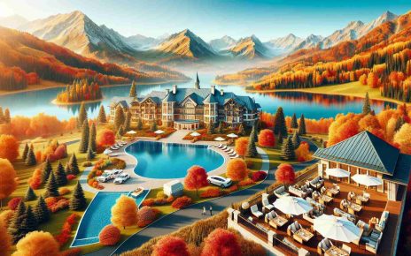 Create a highly detailed and realistic image showing a luxurious holiday destination in autumn. This should include an opulent resort nestled amongst golden, orange, and red autumn foliage, with stunning landscapes such as mountains or a large lake. There should also be elements of luxury like a private pool, outdoor dining set up, and expensive cars. The sky should be clear blue sync with the tone of splendid autumn colors.