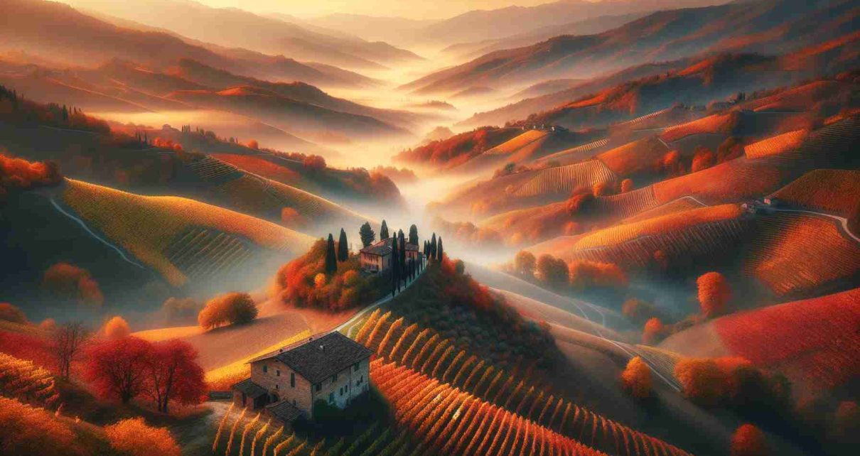 Create a high-definition, realistic image of the majesty of Autumn. The scene unfolds in the Italian region of Le Langhe. Picture undulating hills blanketed in diverse hues of orange, red, and golden yellow as grapevines ready for harvest sway gently in a cool breeze. Delicate fog blankets the valleys and hilltops, lending an ethereal feel to the landscape. The scene includes stone houses with tile roofs, nestled among the hills, their rustic charm accentuated by the backdrop of multi-colored forests and vineyards. The sun sets in the distant horizon, casting long shadows and a warm light.