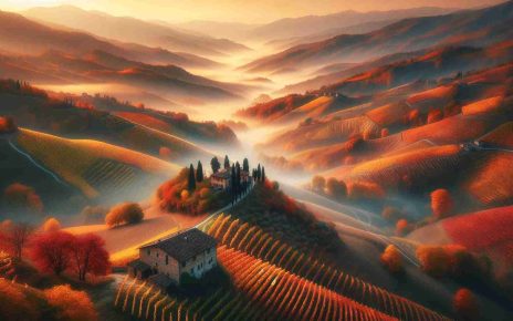 Create a high-definition, realistic image of the majesty of Autumn. The scene unfolds in the Italian region of Le Langhe. Picture undulating hills blanketed in diverse hues of orange, red, and golden yellow as grapevines ready for harvest sway gently in a cool breeze. Delicate fog blankets the valleys and hilltops, lending an ethereal feel to the landscape. The scene includes stone houses with tile roofs, nestled among the hills, their rustic charm accentuated by the backdrop of multi-colored forests and vineyards. The sun sets in the distant horizon, casting long shadows and a warm light.