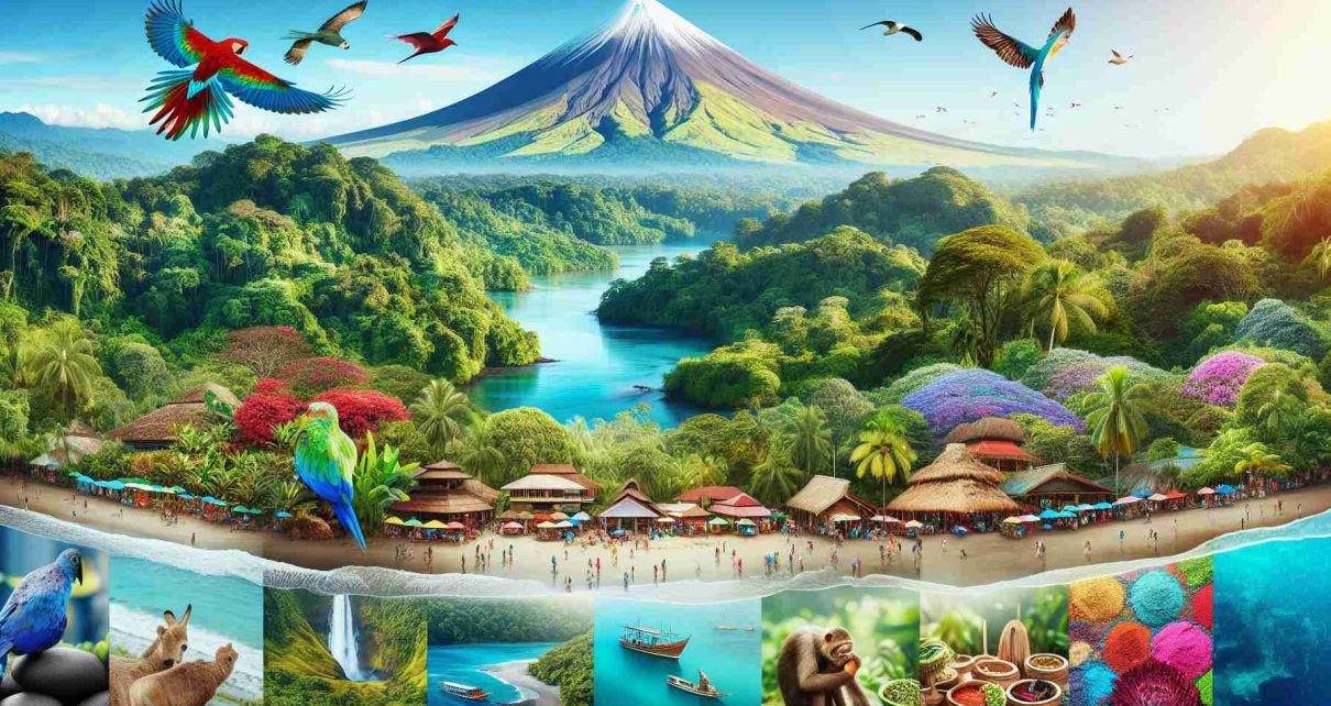 Generate an HD realistic image that reveals the hidden gems of Costa Rica. The picture should encompass the lush, green tropical rainforests, the diverse wildlife with colorful birds and curious monkeys, the majestic Arenal Volcano standing tall in the backdrop, along with the crystal-clear waters of tropical beaches. You may also include vibrant Arts and Crafts Markets filled with artisanal works and the warm, welcoming local people of different descents like Caucasian and Hispanic.