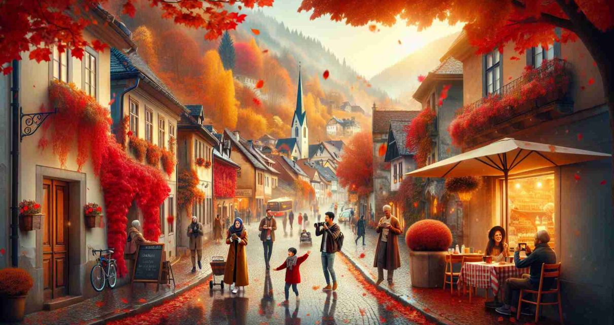 A high-definition, realistic image depicting the underrated Autumn travel season in Europe. The scene should include a vibrant landscape of fall foliage in a quaint old town. Streets are slightly wet from a gentle rain, reflecting the warm tones of red, orange, and gold from the leaves. People are strolling with the ambiance of a cozy, quiet afternoon. A South Asian man is sipping coffee at a roadside cafe, while a Black woman is taking photographs of the picturesque alleyways. A Hispanic child is joyfully throwing leaves in the air, while a Middle-Eastern couple strolls hand in hand, their scarves fluttering in the cool breeze.