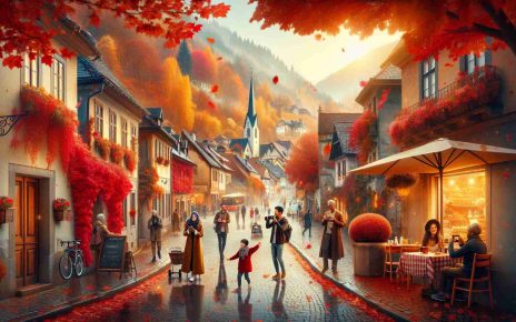 A high-definition, realistic image depicting the underrated Autumn travel season in Europe. The scene should include a vibrant landscape of fall foliage in a quaint old town. Streets are slightly wet from a gentle rain, reflecting the warm tones of red, orange, and gold from the leaves. People are strolling with the ambiance of a cozy, quiet afternoon. A South Asian man is sipping coffee at a roadside cafe, while a Black woman is taking photographs of the picturesque alleyways. A Hispanic child is joyfully throwing leaves in the air, while a Middle-Eastern couple strolls hand in hand, their scarves fluttering in the cool breeze.