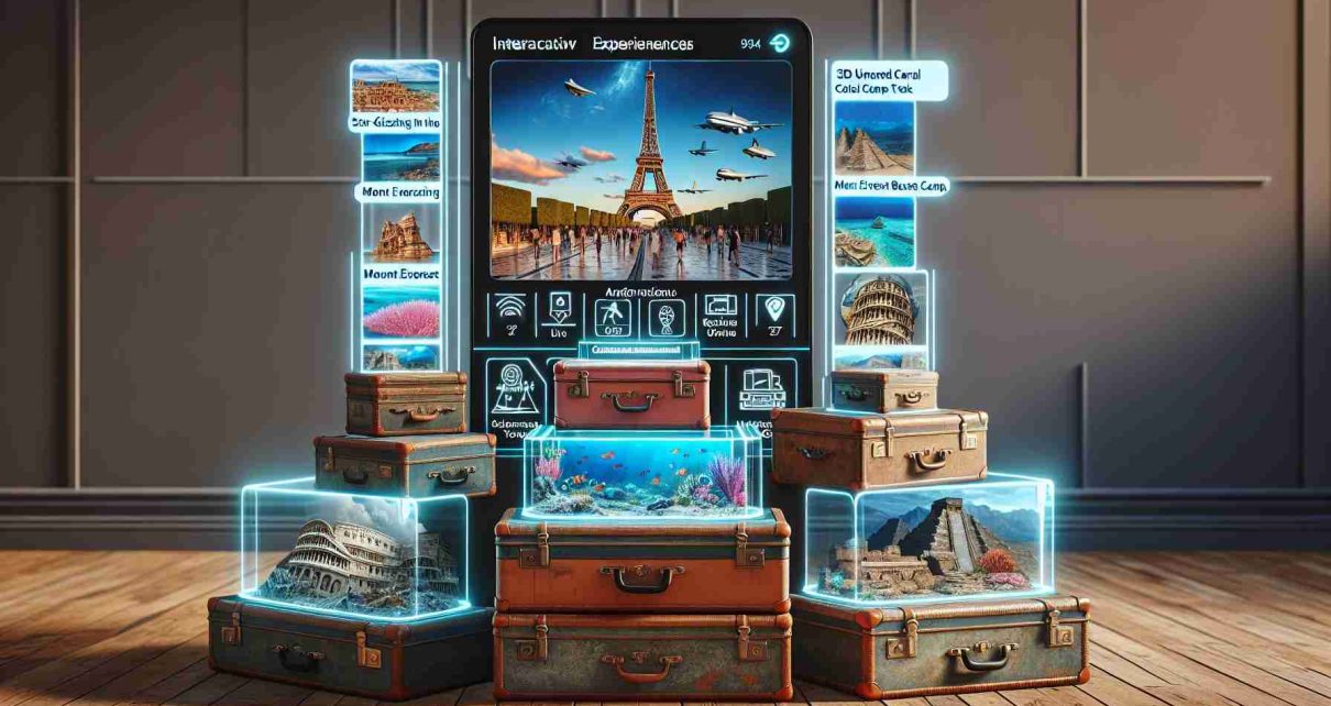 High-definition and realistic image of an innovative travel setup. On one side, there's a holographic display illustrating interactive experiences such a view of the Eiffel tower with clickable information, a live underwater coral reef tour, and a 3D historical tour of an ancient Mayan temple. On the other side, there are various travel packages represented by vintage suitcases stacked in an appealing manner with labels specifying unique experiences like 'Star-Gazing in the Sahara', 'Mount Everest Base Camp Trek' and 'Venetian Gondola Ride'. The image shares the excitement and novelty of unique travel experiences.