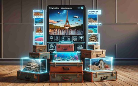 High-definition and realistic image of an innovative travel setup. On one side, there's a holographic display illustrating interactive experiences such a view of the Eiffel tower with clickable information, a live underwater coral reef tour, and a 3D historical tour of an ancient Mayan temple. On the other side, there are various travel packages represented by vintage suitcases stacked in an appealing manner with labels specifying unique experiences like 'Star-Gazing in the Sahara', 'Mount Everest Base Camp Trek' and 'Venetian Gondola Ride'. The image shares the excitement and novelty of unique travel experiences.