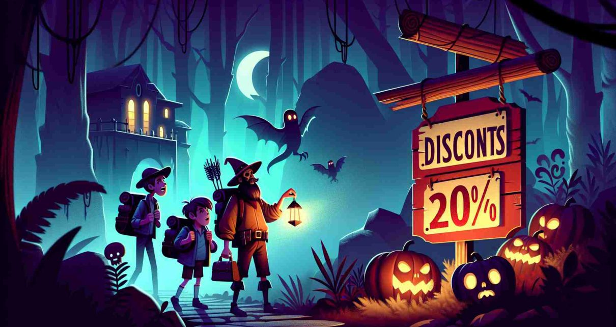 Illustrate a mysterious adventure scene where characters are thrilled about their journey. They come across a sign showcasing discounts with a spooky theme. Have the ambiance convey dangerous yet enticing energy, reminding them of a thrilling adventure that awaits. Render it in high definition, paying close attention to the realistic details.