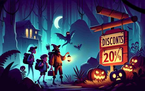 Illustrate a mysterious adventure scene where characters are thrilled about their journey. They come across a sign showcasing discounts with a spooky theme. Have the ambiance convey dangerous yet enticing energy, reminding them of a thrilling adventure that awaits. Render it in high definition, paying close attention to the realistic details.