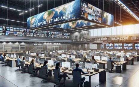 A high-definition, realistic rendering of a modern multimedia news agency, newly established. The image depicts a bustling office space filled with sophisticated technological equipment like computers, broadcasting devices, and cameras. There are also large screens displaying news from around the world. Diverse staff members of various descents are busy in their tasks, catering to various languages and geographies. The office space has a contemporary design, showcasing the novelty of the agency, established in 2021.