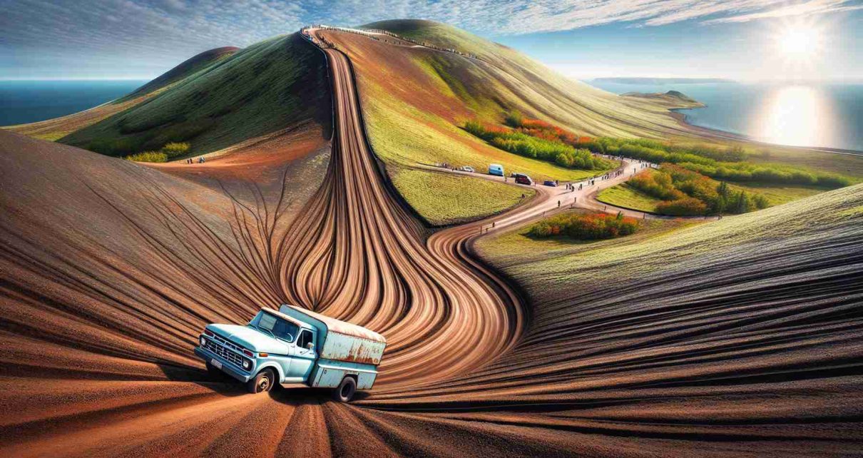 Generate a realistic and high-definition image of a captivating natural phenomenon known as the Magnetic Hill, which seemingly defies gravity. The picture should effectively capture the deceptive slope of the unique landmark, surrounded by a scenic landscape under a clear sky. The image needs to illustrate a vehicle on the slope, appearing as if it is getting pulled uphill, despite the engine being shut down, representing the strange magnet-like pull of the terrain.