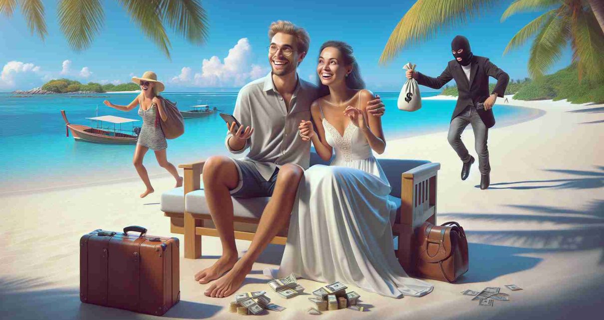 Realistically visualized and high-definition image of a scene representing the cautionary tale of Honeymooners duped during their travels. The scene could depict a happy pair of newly-weds, one being Caucasian and one South Asian, engrossed in their vacation activities, while unbeknownst to them, their belongings are being stealthily taken by a cunning individual. Their expressions should encapsulate joy and oblivion to the ongoing unfortunate event. The background should be a breathtaking tourist spot, probably a beach, with clear blue skies, pristine white sands and a sparkling ocean. The thief could be illustrated as a shadowy figure, adding an element of mystery.