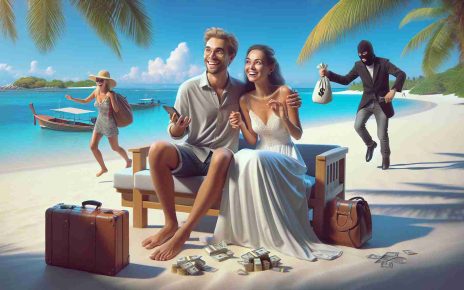 Realistically visualized and high-definition image of a scene representing the cautionary tale of Honeymooners duped during their travels. The scene could depict a happy pair of newly-weds, one being Caucasian and one South Asian, engrossed in their vacation activities, while unbeknownst to them, their belongings are being stealthily taken by a cunning individual. Their expressions should encapsulate joy and oblivion to the ongoing unfortunate event. The background should be a breathtaking tourist spot, probably a beach, with clear blue skies, pristine white sands and a sparkling ocean. The thief could be illustrated as a shadowy figure, adding an element of mystery.