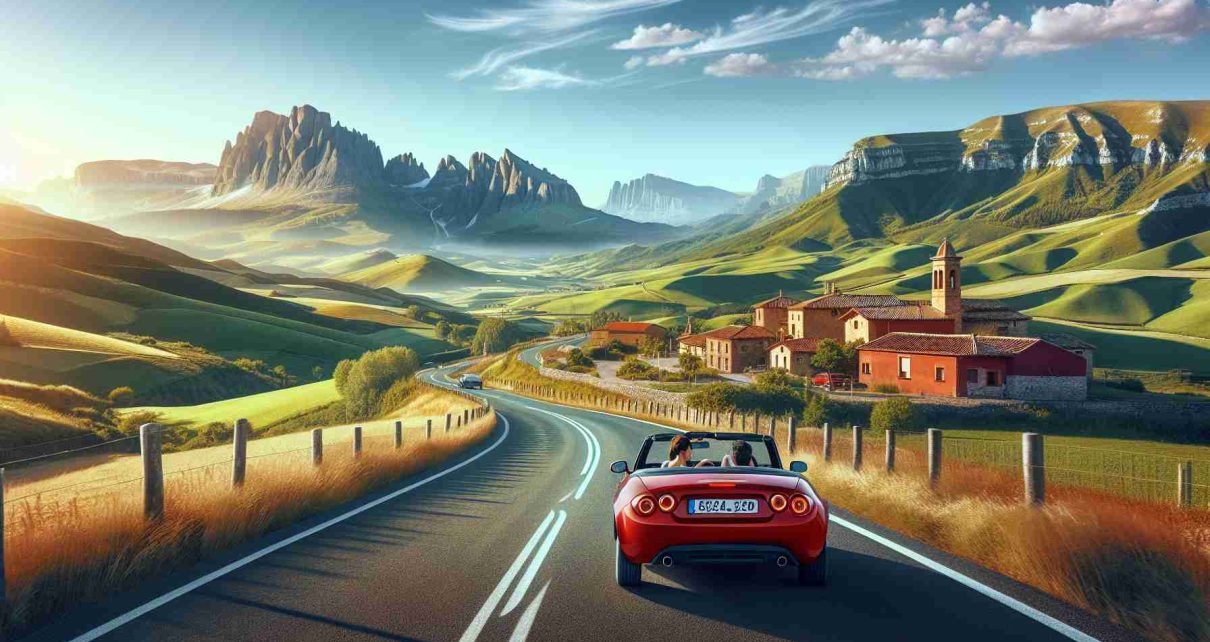 Generate a realistic, high-definition image showcasing the charm of a road trip in Northern Spain. The image should include wide-ranging landscapes such as expansive green fields, stunning mountain ranges and terracotta-roofed houses typical of the region. The road should be inviting and winding through the countryside. Let's also include a red convertible with a female South Asian driver and a male Hispanic passenger, their faces turned away, looking at the stunning vista. Capture the bliss and freedom of the open road with the Spanish countryside as the backdrop.