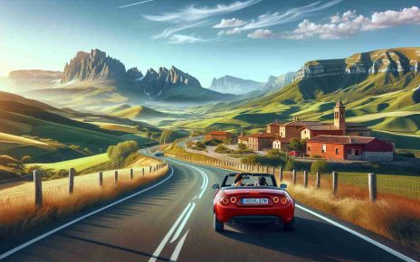 Generate a realistic, high-definition image showcasing the charm of a road trip in Northern Spain. The image should include wide-ranging landscapes such as expansive green fields, stunning mountain ranges and terracotta-roofed houses typical of the region. The road should be inviting and winding through the countryside. Let's also include a red convertible with a female South Asian driver and a male Hispanic passenger, their faces turned away, looking at the stunning vista. Capture the bliss and freedom of the open road with the Spanish countryside as the backdrop.