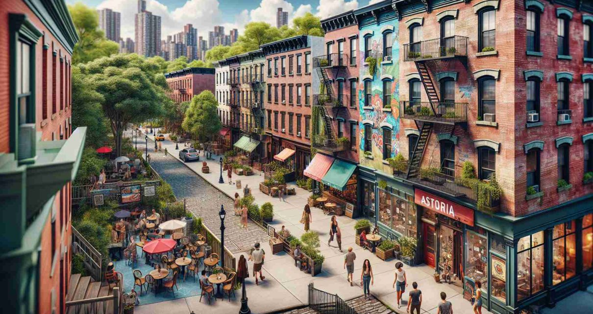 An ultra high-definition, realistic photograph showcasing the hidden gems of Astoria. The image displays a quaint and charming neighborhood with vintage brick buildings, vibrant murals on walls, and cozy cafes with outdoor seating. The lush green park in the background adds tranquility to the bustling city scene. People from various descents and genders walk around, exploring the local shops and enjoying the ambiance. The charm of Astoria is encapsulated with its relaxed vibe, capturing the essence of its uniqueness and attractiveness.