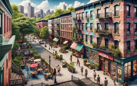 An ultra high-definition, realistic photograph showcasing the hidden gems of Astoria. The image displays a quaint and charming neighborhood with vintage brick buildings, vibrant murals on walls, and cozy cafes with outdoor seating. The lush green park in the background adds tranquility to the bustling city scene. People from various descents and genders walk around, exploring the local shops and enjoying the ambiance. The charm of Astoria is encapsulated with its relaxed vibe, capturing the essence of its uniqueness and attractiveness.