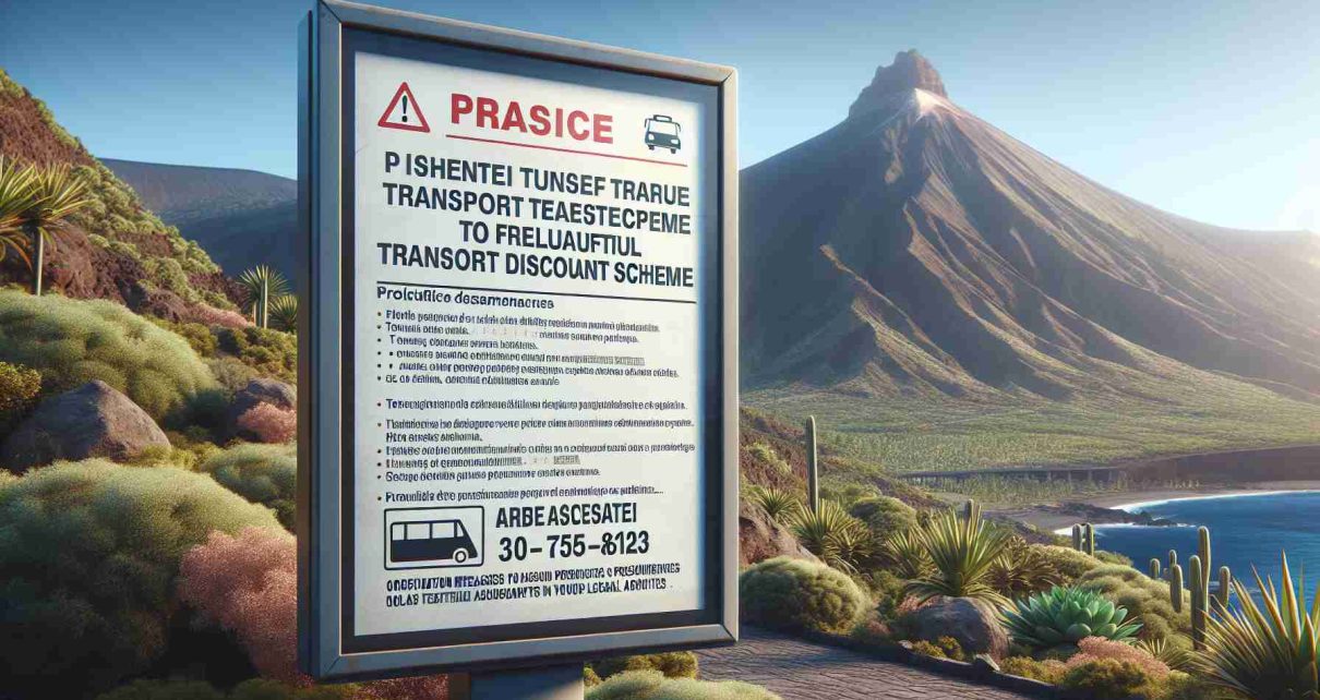 Produce a highly detailed, realistic image of a public service notice in a popular holiday destination. The notice warns travelers about a fraudulent transport discount scheme. The setting is Tenerife, so the scene may include the iconic Teide Mountain or lush greenery in the background. Include informational text on the notice, like precautionary measures and contact information for local authorities.