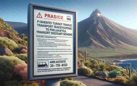 Produce a highly detailed, realistic image of a public service notice in a popular holiday destination. The notice warns travelers about a fraudulent transport discount scheme. The setting is Tenerife, so the scene may include the iconic Teide Mountain or lush greenery in the background. Include informational text on the notice, like precautionary measures and contact information for local authorities.