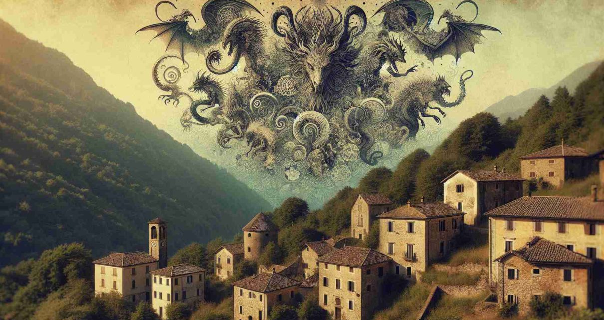 Generate a high-definition, realistic image showcasing a variety of mysterious mythical creatures from Italian folklore. Include a setting indicative of the unique Italian landscape, perhaps with rolling countryside hills or old, rustic architecture visible in the background to indicate the location.