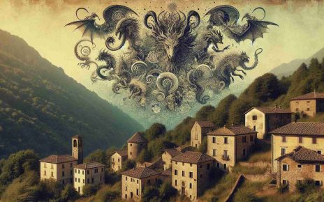 Generate a high-definition, realistic image showcasing a variety of mysterious mythical creatures from Italian folklore. Include a setting indicative of the unique Italian landscape, perhaps with rolling countryside hills or old, rustic architecture visible in the background to indicate the location.