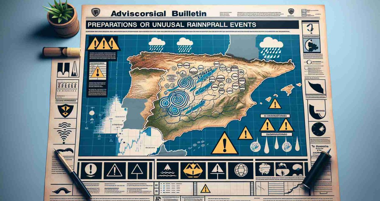 Generate a high-definition, realistic image of an advisory bulletin. It should highlight preparations for unusual rainfall events in Southern Spain. The bulletin should include symbols, diagrams, and text describing the impending weather conditions and suggesting appropriate precautions. The backdrop should involve a map of Southern Spain with graphical markers indicating the affected regions. The overall design should create a sense of urgency but also convey clear and concise information to the viewers.