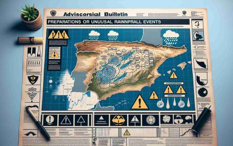 Generate a high-definition, realistic image of an advisory bulletin. It should highlight preparations for unusual rainfall events in Southern Spain. The bulletin should include symbols, diagrams, and text describing the impending weather conditions and suggesting appropriate precautions. The backdrop should involve a map of Southern Spain with graphical markers indicating the affected regions. The overall design should create a sense of urgency but also convey clear and concise information to the viewers.