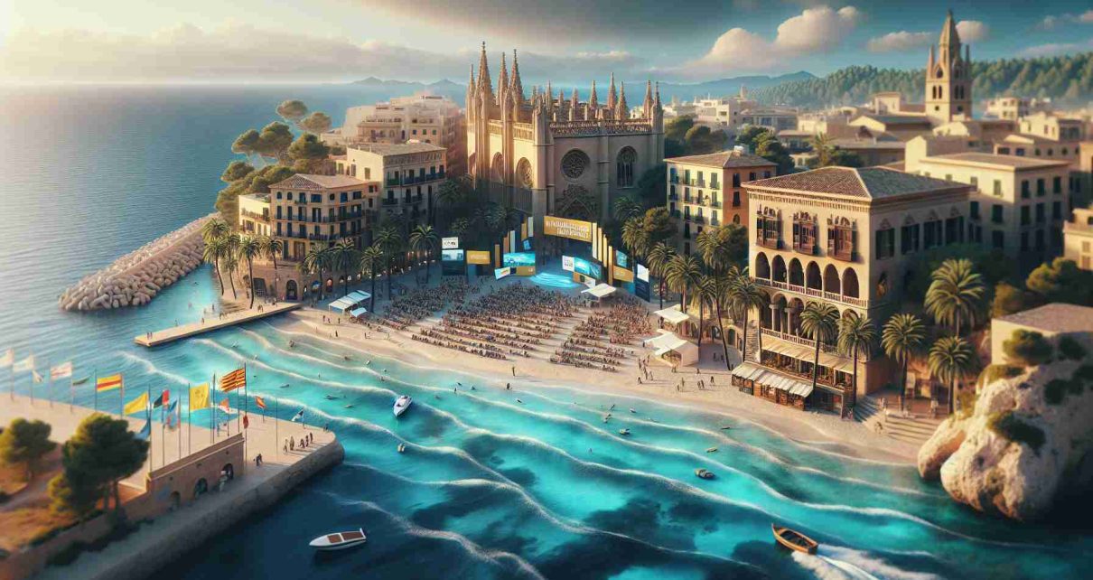 High-definition and realistic image of the scenic Mallorca, infused with a celebratory atmosphere to embody the International Film Festival happening in 2023. Capture the vibrant vibe, showcasing preparations for the event - banners, posters, and well-decorated venues. Feature the aqua-blue sea, sandy beaches and stunning gothic architecture, characteristic of Mallorca, in the backdrop.