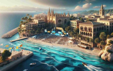 High-definition and realistic image of the scenic Mallorca, infused with a celebratory atmosphere to embody the International Film Festival happening in 2023. Capture the vibrant vibe, showcasing preparations for the event - banners, posters, and well-decorated venues. Feature the aqua-blue sea, sandy beaches and stunning gothic architecture, characteristic of Mallorca, in the backdrop.