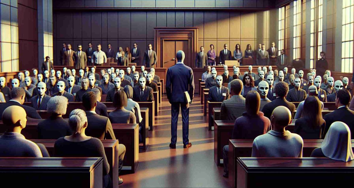 A hyper-realistic, high-definition image of a courtroom setting where the main focal point is an ambiguous individual standing trial. The person is an alleged travel scam artist who is been accused of defrauding unsuspecting clients. The scene is filled with tension, and the courtroom is packed. There are people of various descents and genders, including the defense attorney, prosecutor, jurors, and audience members. Note that all faces should be generic, non-identifiable and not linked to any real person.