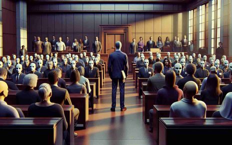 A hyper-realistic, high-definition image of a courtroom setting where the main focal point is an ambiguous individual standing trial. The person is an alleged travel scam artist who is been accused of defrauding unsuspecting clients. The scene is filled with tension, and the courtroom is packed. There are people of various descents and genders, including the defense attorney, prosecutor, jurors, and audience members. Note that all faces should be generic, non-identifiable and not linked to any real person.