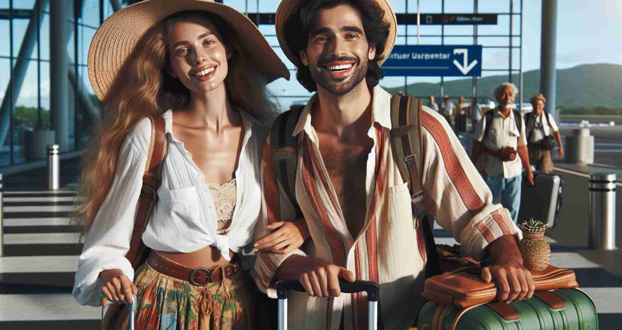 High-definition, realistic image of an unexpected adventure. Visually narrate the story of a diverse group of travelers. A Caucasian woman and Middle-Eastern man returning home, laden with luggage, their expressions reflecting relief and joy after an unexpected delay disrupted their journey. Their environment suggests they've traveled far, possibly from an exotic or remote location. Include details that imply the unplanned aspect of their travel such as mismatched luggage, vaguely tropical attire, and hints that they've experienced something unique during their journey.