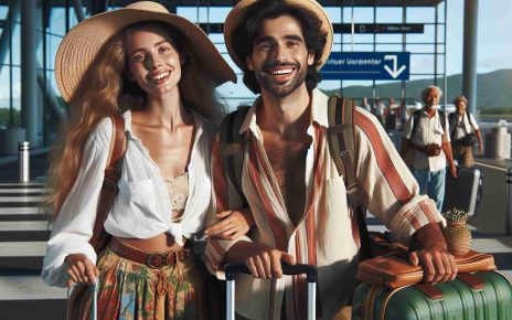 High-definition, realistic image of an unexpected adventure. Visually narrate the story of a diverse group of travelers. A Caucasian woman and Middle-Eastern man returning home, laden with luggage, their expressions reflecting relief and joy after an unexpected delay disrupted their journey. Their environment suggests they've traveled far, possibly from an exotic or remote location. Include details that imply the unplanned aspect of their travel such as mismatched luggage, vaguely tropical attire, and hints that they've experienced something unique during their journey.