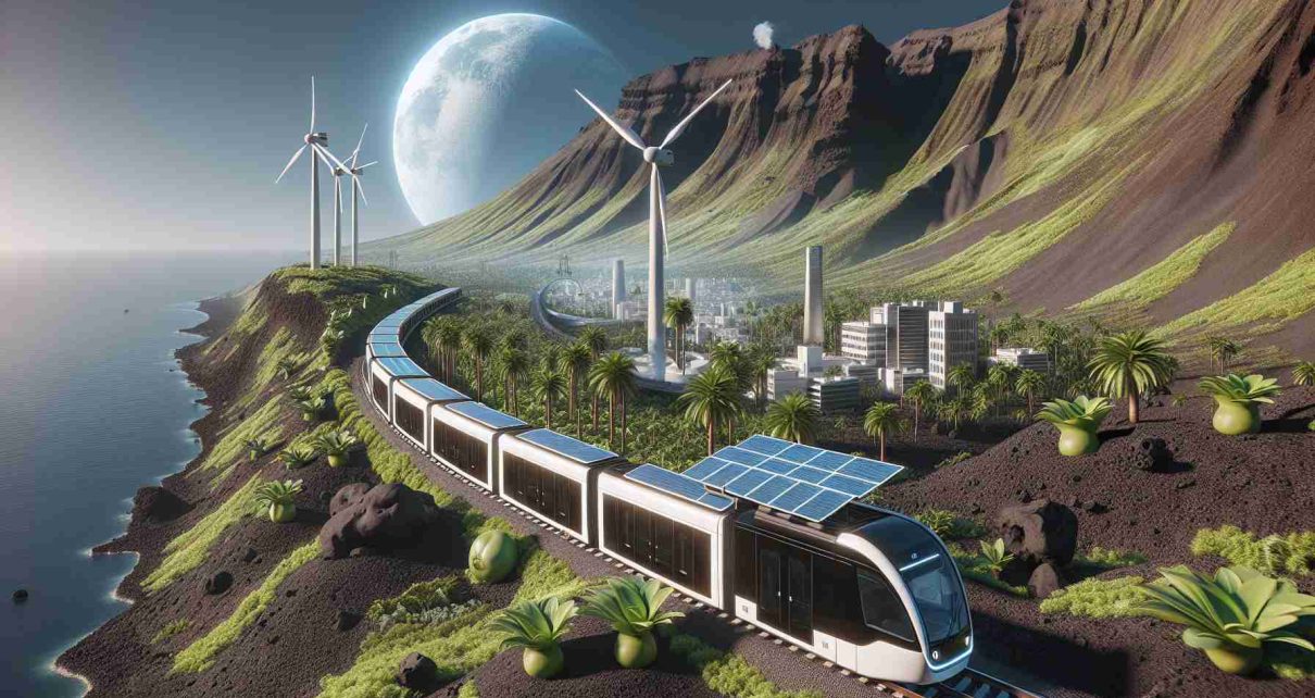 Render a high-definition, realistic image showcasing an innovative proposal for public transportation in the Canary Islands. It should depict the unique geography and climate of the islands, including volcanic landscapes and subtropical vegetation. The innovative transportation system might feature green energy sources, advanced connectivity, and hassle-free services.