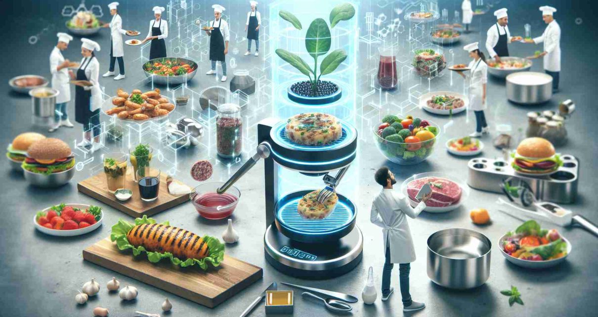 Create a high-definition, realistic image that represents the concept of revolutionizing the dietary world. Show the implmentation of innovative food solutions that can potentially change the way we perceive and consume food. Include visual elements such as futuristic culinary gadgets, alternative and sustainable food sources like plant-based or lab-grown meat, and people of diverse genders and descents enjoying this futuristic food experience.