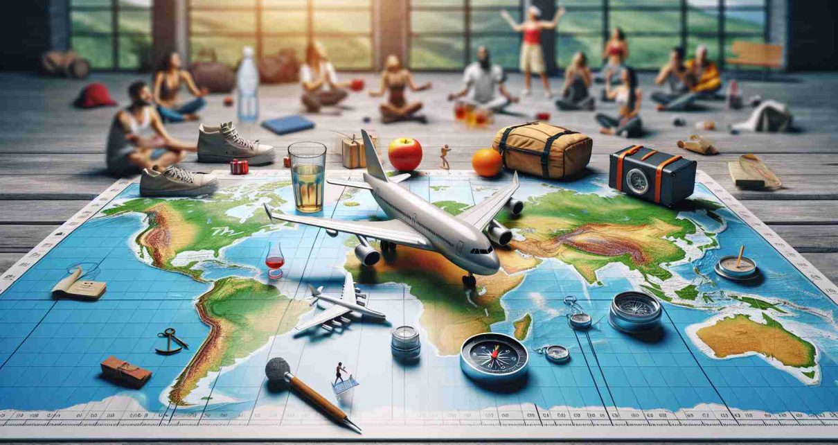 A realistic high-definition image representing the concept of 'Exploring the World Sober'. The scene has multiple elements of travel - airplane, backpack, compass and a detailed world map. The airplane and other elements are in the foreground, perhaps resting on the map. Everything is visually sharp, with focus on the fine details. In the background, there are people of various descents engaging in activities like hiking, sightseeing or practicing yoga, portraying the trend of sober travelling. There should also be clear visual symbols of sobriety, such as water bottles, fruits, and some depiction of clear focus and determination.