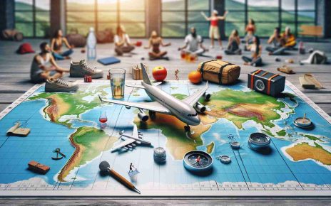 A realistic high-definition image representing the concept of 'Exploring the World Sober'. The scene has multiple elements of travel - airplane, backpack, compass and a detailed world map. The airplane and other elements are in the foreground, perhaps resting on the map. Everything is visually sharp, with focus on the fine details. In the background, there are people of various descents engaging in activities like hiking, sightseeing or practicing yoga, portraying the trend of sober travelling. There should also be clear visual symbols of sobriety, such as water bottles, fruits, and some depiction of clear focus and determination.