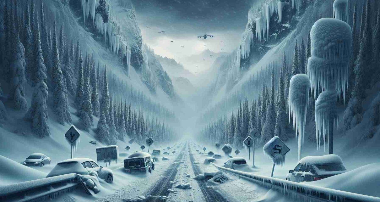 Generate a highly detailed and realistic image portraying the impact of extreme weather conditions on travel. Show an empty highway with abandoned cars, deep snow piling up and blocking the road, and stormy grey skies overhead. In the distance, visualize snow-covered mountains and dense pine forest encased in ice. Icicles hanging from road signs and car mirrors, adding to the sense of desolation and abandonment. Captivate the sheer intensity and freezing cold of the weather, making travel almost impossible.