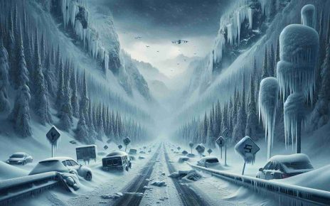 Generate a highly detailed and realistic image portraying the impact of extreme weather conditions on travel. Show an empty highway with abandoned cars, deep snow piling up and blocking the road, and stormy grey skies overhead. In the distance, visualize snow-covered mountains and dense pine forest encased in ice. Icicles hanging from road signs and car mirrors, adding to the sense of desolation and abandonment. Captivate the sheer intensity and freezing cold of the weather, making travel almost impossible.