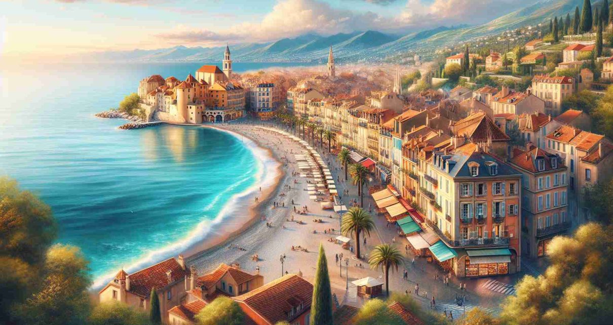 Realistic high definition image showcasing the hidden gems of the town Niza, France. Capture the beautiful architecture of well-kept, historical buildings, the serene view of the local beach along the dazzling sea with azure waters at the golden hour. Paint the bustling town squares with lively cafes, quaint stores selling unique trinkets, and the locals engaging in their daily routine. Also represent the surrounding lush green vineyards, rolling hills and distant Alps which is a part of the charm of Niza.