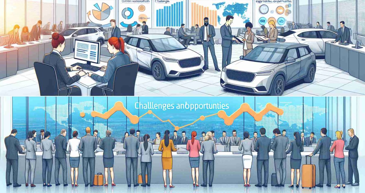 Create a detailed, high-definition image illustrating both challenges and opportunities in the car rental industry. Show a busy car rental office, with multiple diverse individuals of different descents and genders working and interacting. Display different nationalities and genders dealing with complex paperwork indicating challenge. Also, illustrate the opportunities by showing a graph highlighting growth in the sector and a map indicating expansion into new markets. Include modern, efficient rental cars in the background and a bright, optimistic colour palette to suggest opportunity.